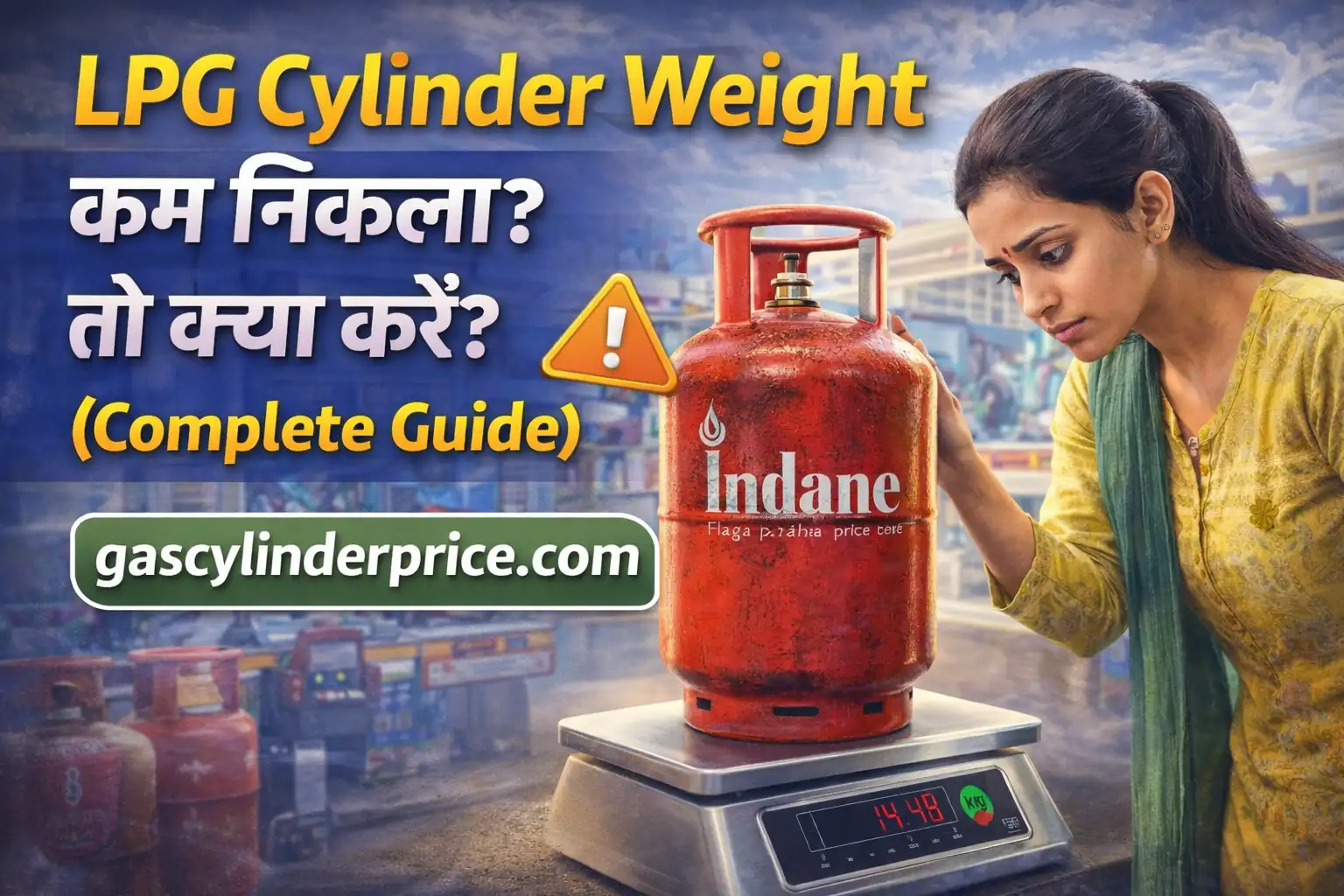 LPG cylinder weight kam nikla to kya kare thumbnail showing woman checking gas cylinder weight on digital scale – gascylinderprice.com